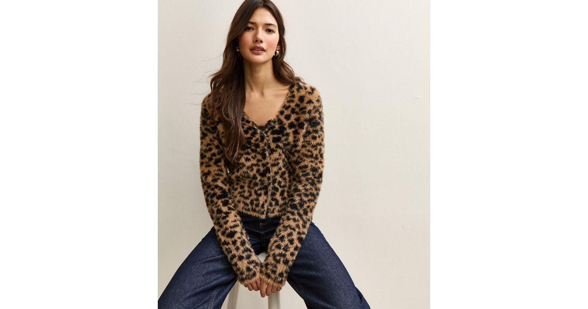 Brown Fluffy Knit Leopard Pattern Cardigan | New Look