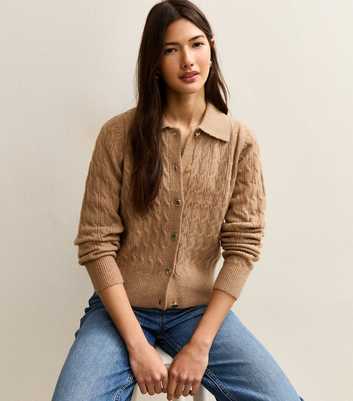 Camel Cable Knit Collared Cardigan