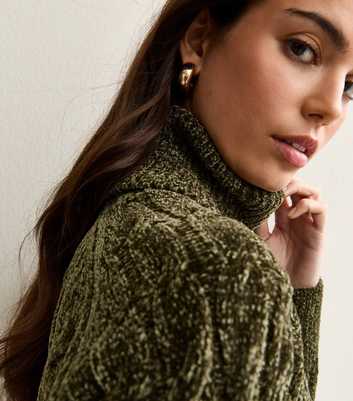 Light Khaki Chenille Cable Knit Roll Neck Jumper