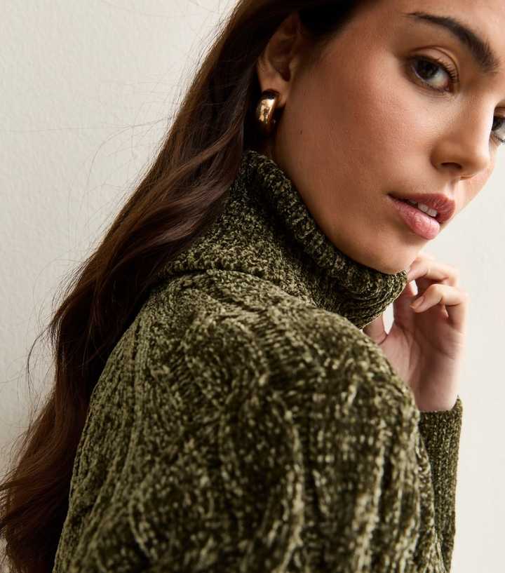 Light Khaki Chenille Cable Knit Roll Neck Jumper