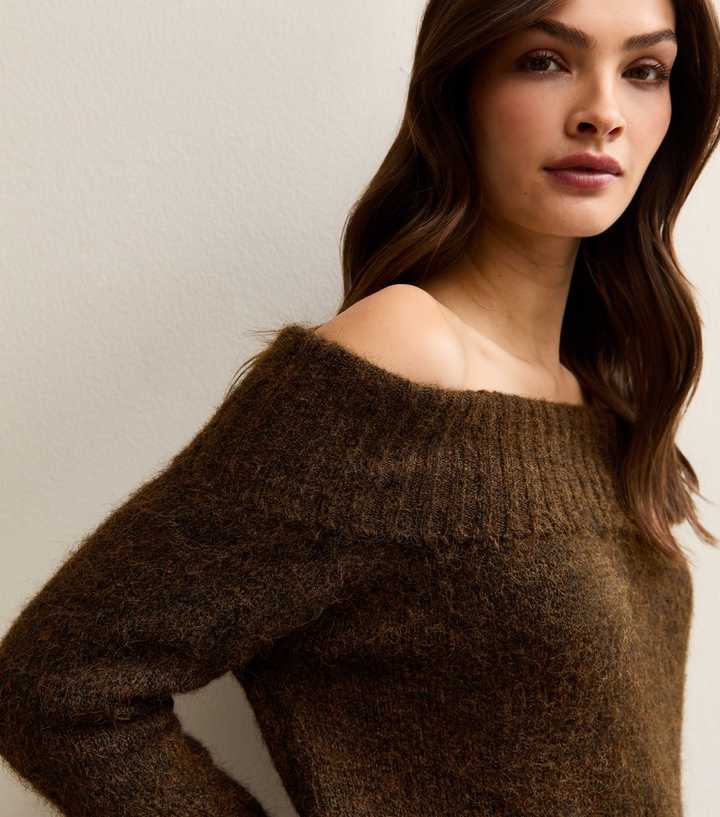 Tall Dark Brown Bardot Knit Jumper
