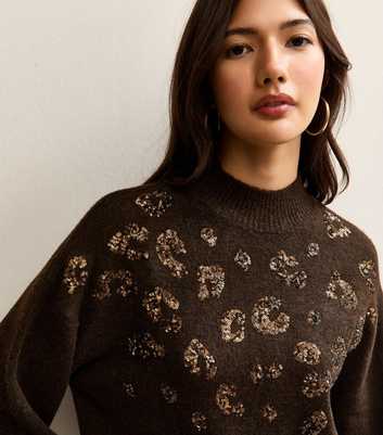 Dark Brown Sequin Animal Motif Mock Neck Jumper