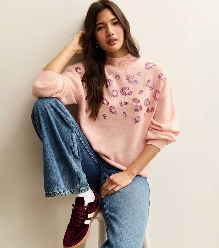 Pink Sequin Animal Motif Mock Neck Jumper
