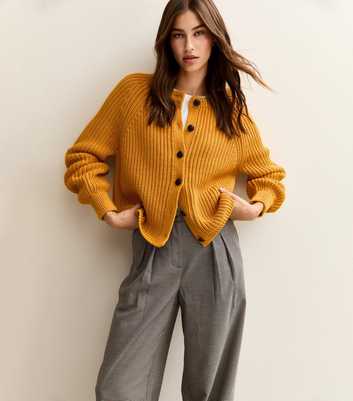 Dark Yellow Ribbed Knit Raglan Sleeve Cardigan