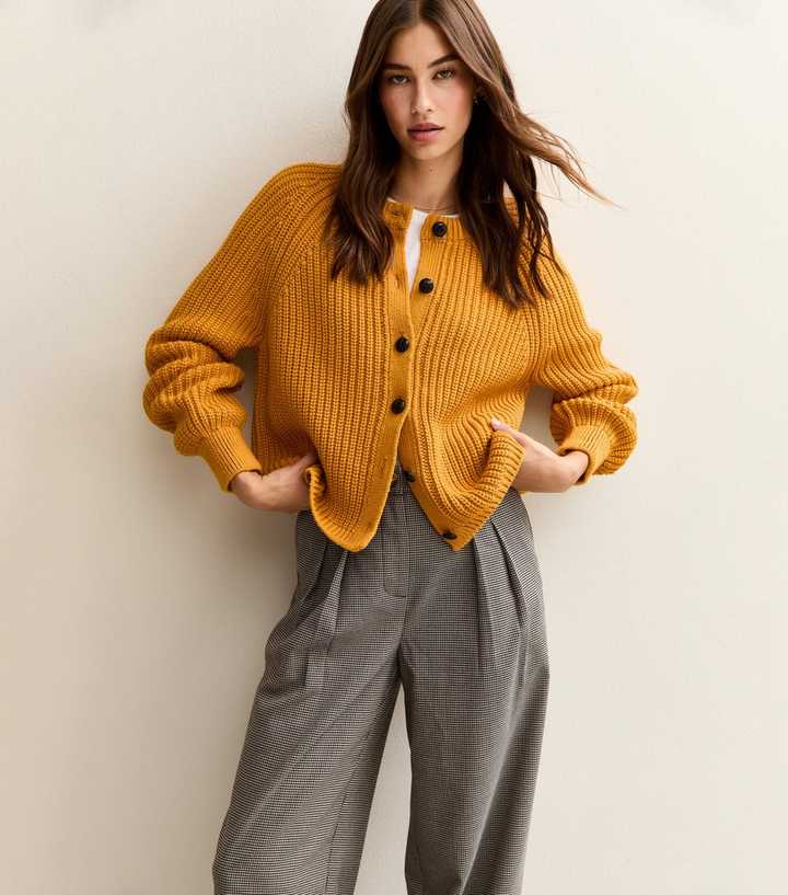 Dark Yellow Ribbed Knit Raglan Sleeve Cardigan