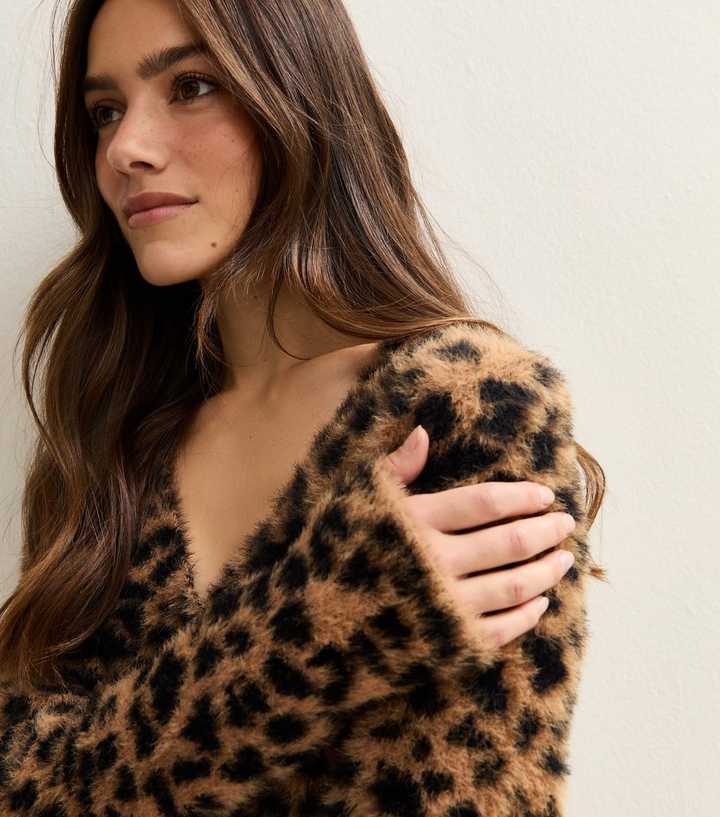 Petite Brown Fluffy Leopard Pattern Cardigan