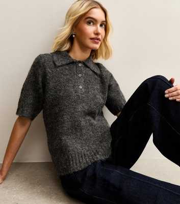 Grey Textured Knit Polo Collar Top
