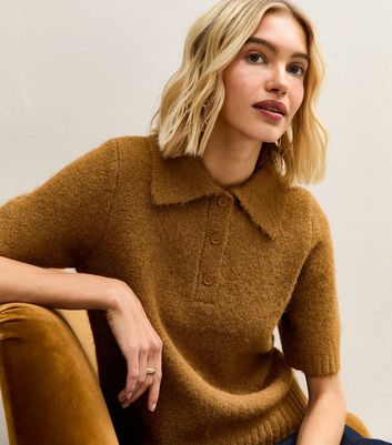 Tan Textured Knit Polo Collar Top | New Look