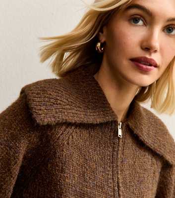 Dark Brown Oversized Collar Zip Through Cardigan