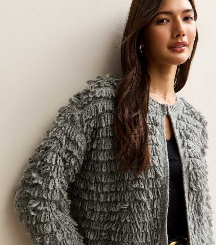 Grey Textured Weave Knit Long Sleeve Cardigan