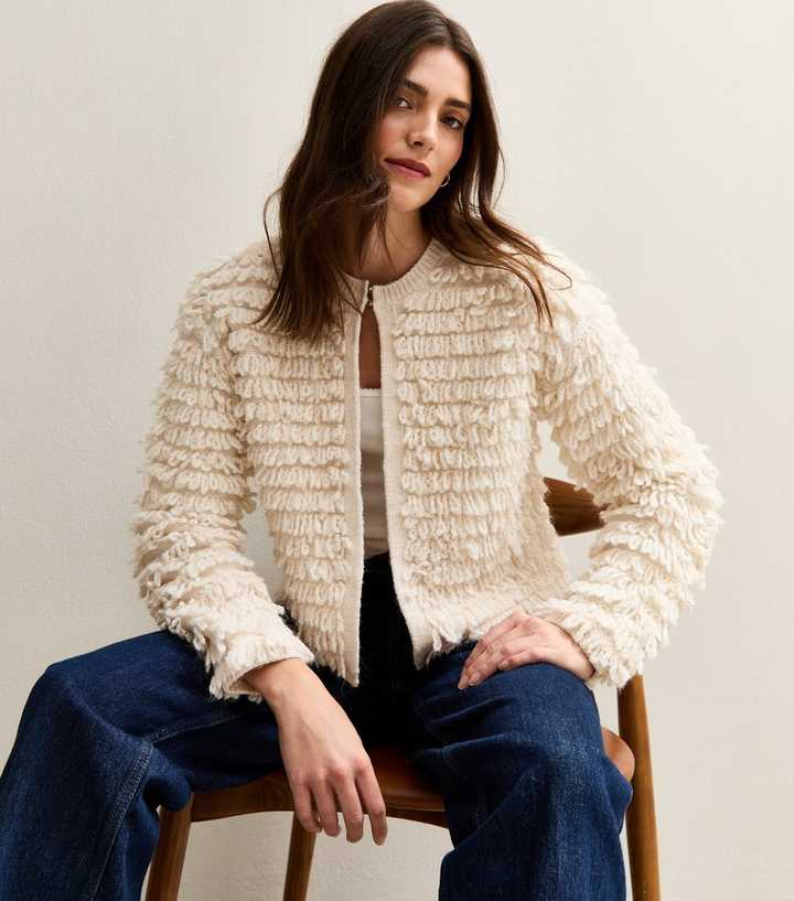 Cream Textured Weave Knit Long Sleeve Cardigan
