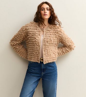 Camel Textured Weave Knit Long Sleeve Cardigan New Look