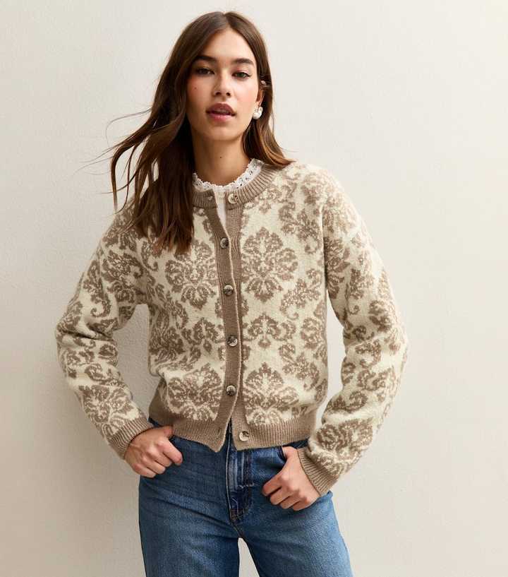 Cream Baroque Patterned Crew Neck Cardigan