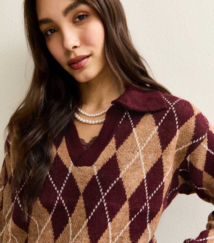 Red Argyle Knit Polo Collar Jumper