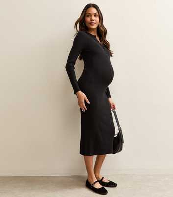 Maternity Black Ribbed Henley Midi Dress