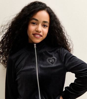 Girls Black Velour Diamante Embellished New York Zip Up Top | New Look