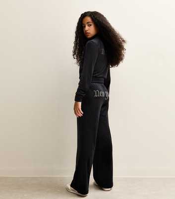 Girls Black Velour Diamante New York Embellished Joggers