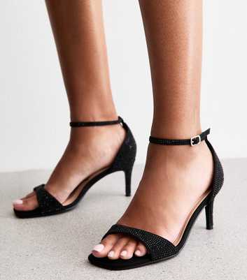 Wide Fit Black Gem Embellished Open Toe Sandals