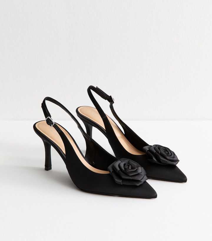 Black Faux Suede Rose Slingback Court Shoes
