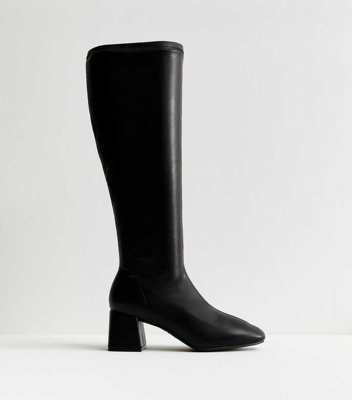 Black Faux Leather Stretchy Knee High Boot