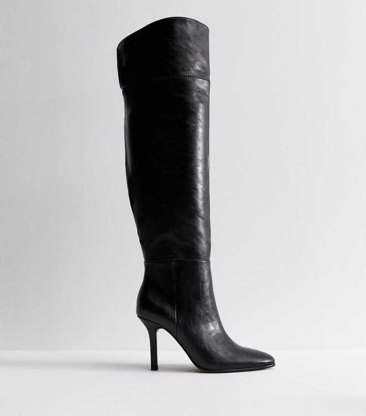 Black Faux Leather Over The Knee Stiletto Boots