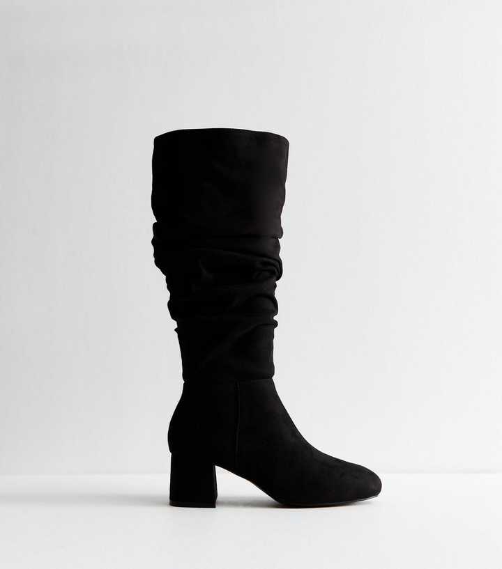 Wide Fit Black Faux Suede Ruched Boots