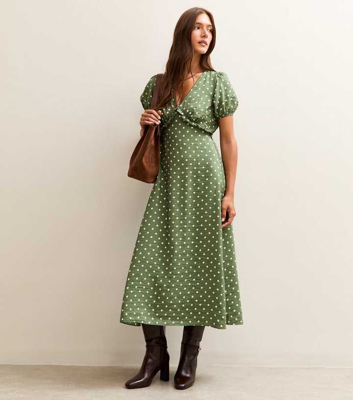 Green Spot Print Short Sleeve Midi Tea Dress | New Look