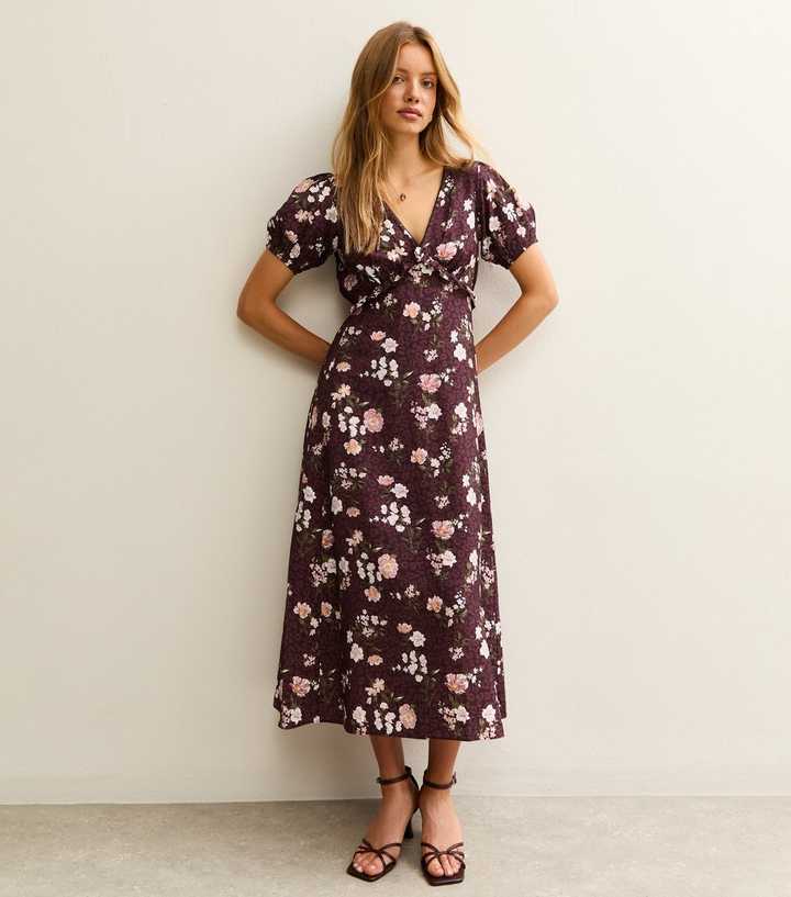 Brown Floral Short Sleeve V-Neck Midi Tea Dress