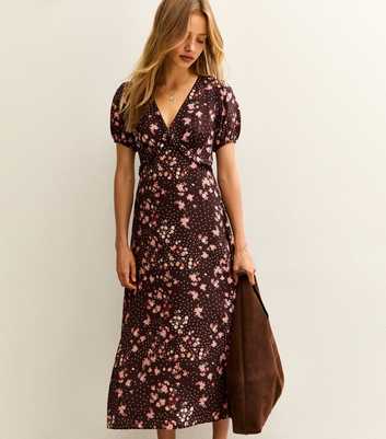 Brown Floral Print Short Sleeve Tea Midi Dress