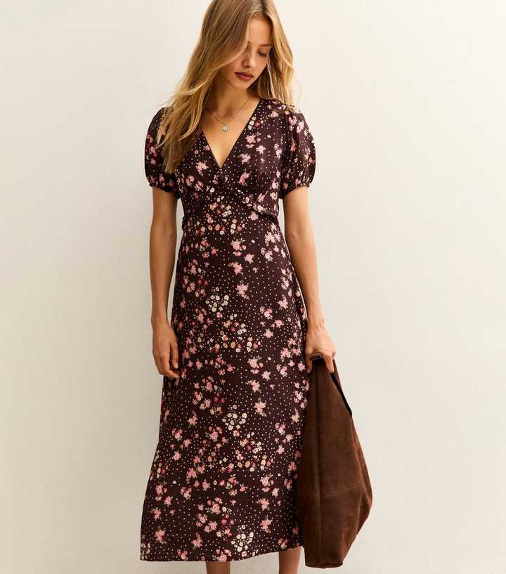 Brown Floral Print Short Sleeve Tea Midi Dress | New Look