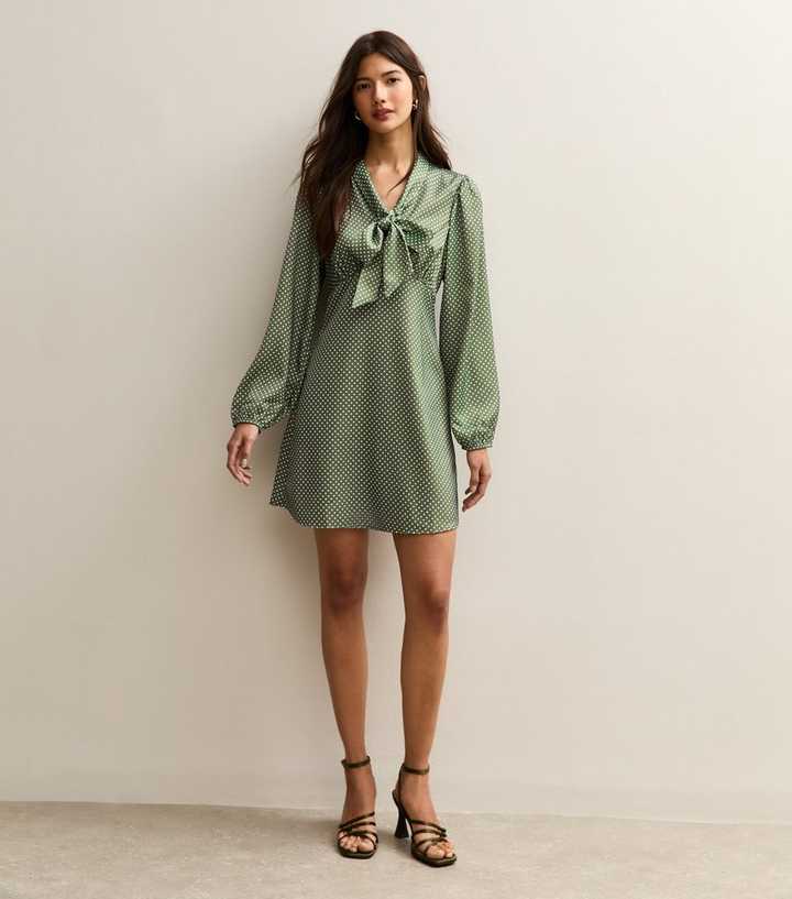 Green Polka Dot Pussybow Neck Satin Mini Dress