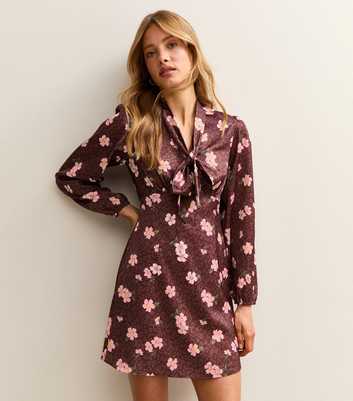 Burgundy Floral Neck Tie Mini Dress