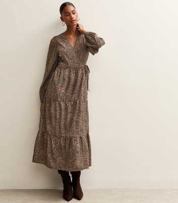 Brown Animal Print Long Sleeve Wrap Midi Dress