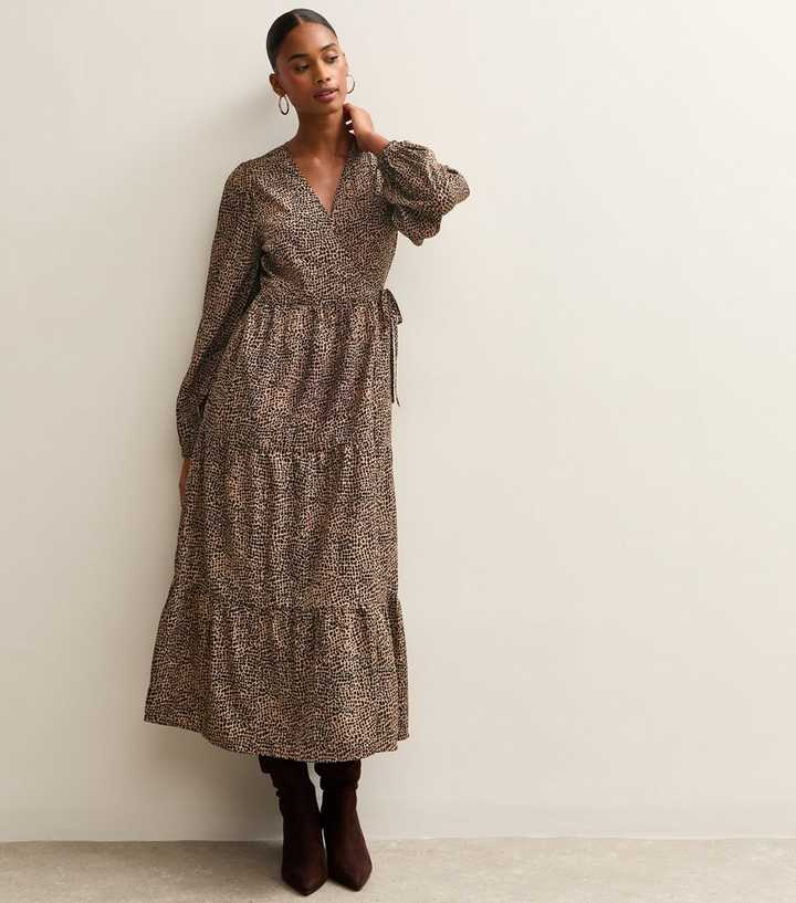 Brown Animal Print Long Sleeve Wrap Midi Dress