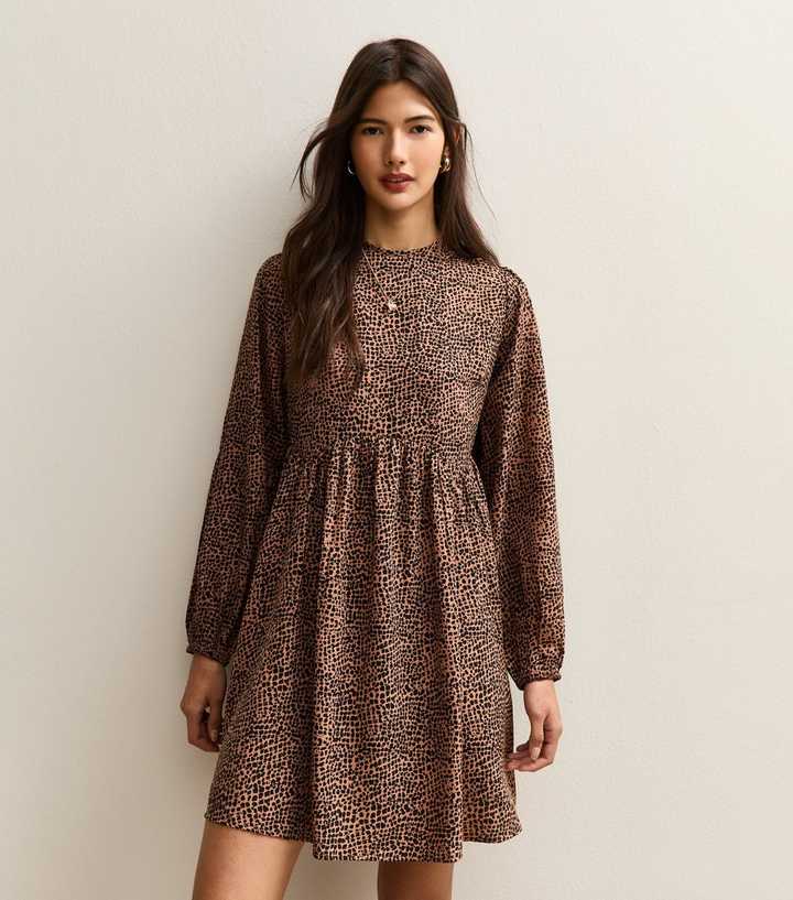Brown Animal Print Long Sleeve Smock Mini Dress