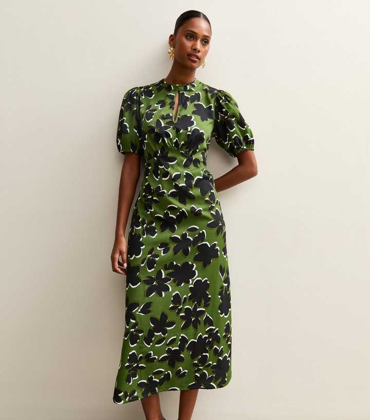 Green Crepe Floral Print Keyhole Midi Dress