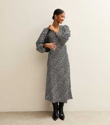 Black Spot Pattern V-Neck Midi Dress