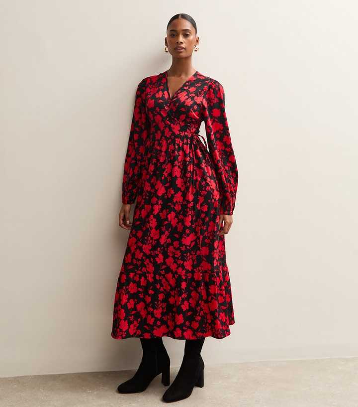 Red Floral Long Sleeve Wrap Midi Dress