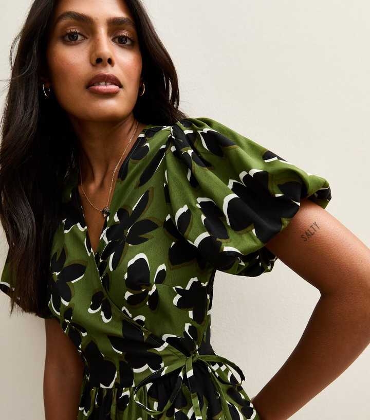 Green Floral Print Wrap Midi Dress | New Look