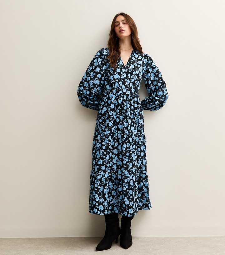 Black Floral Print Long Sleeve Wrap Midi Dress