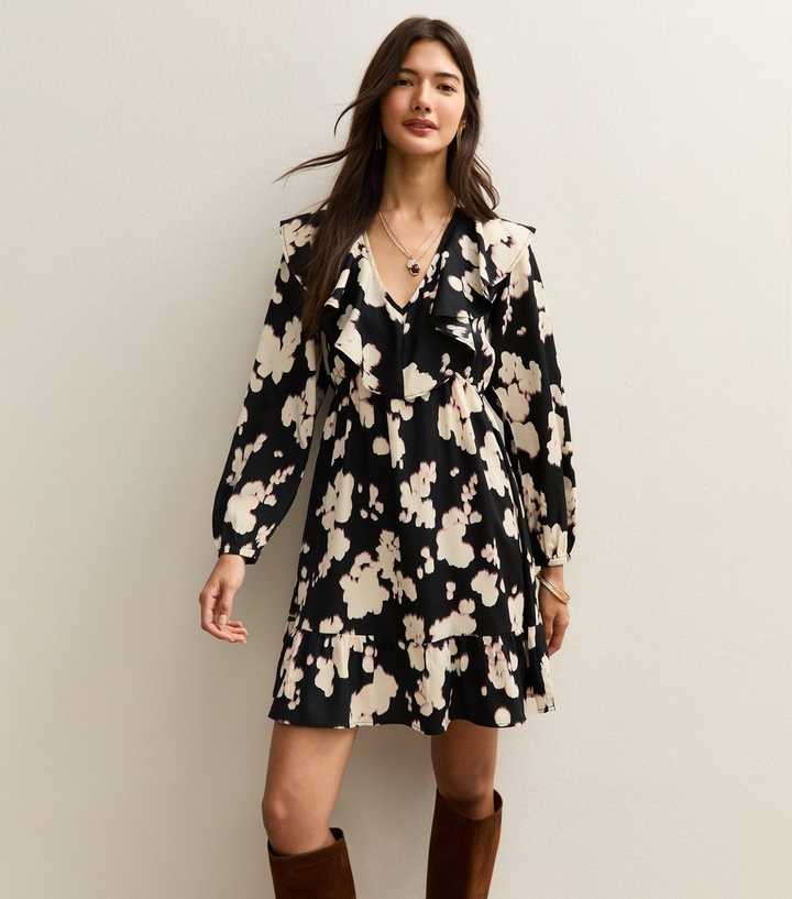 Black Smudge Print Frill Neck Mini Dress