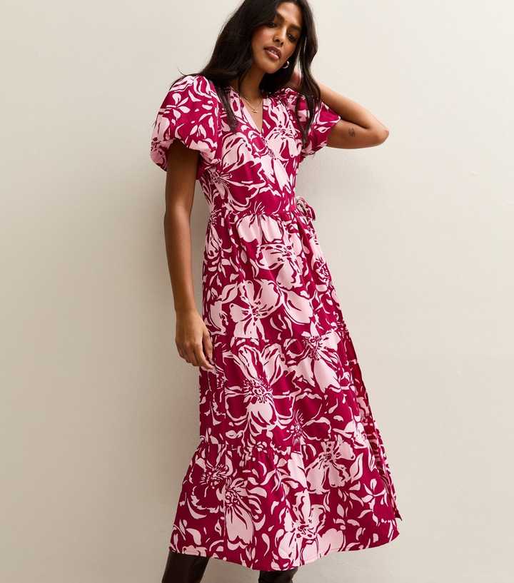 Red Crepe Flower Print Wrap Midi Dress