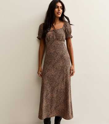Brown Crepe Animal Print Milkmaid Midi Dress
