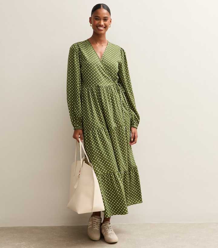 Green Polk Dot Long Sleeve Wrap Midi Dress