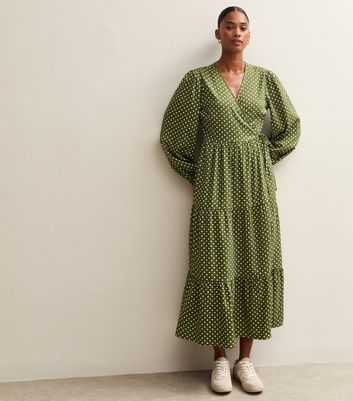 Green Polk Dot Long Sleeve Wrap Midi Dress | New Look