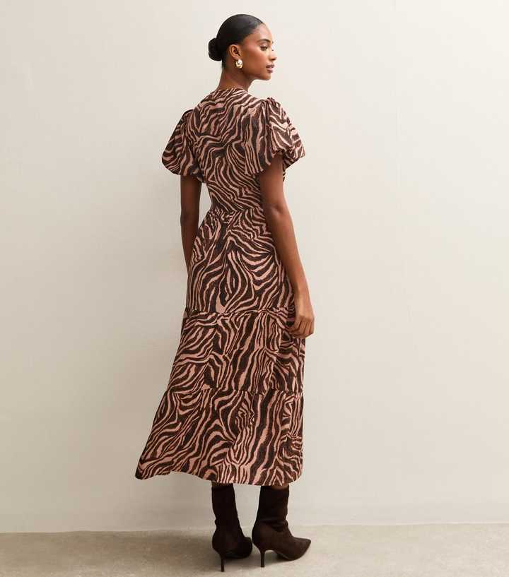 Brown Zebra Print Wrap Midi Dress