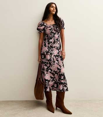 Black Paisley Print Milkmaid Midi Dress