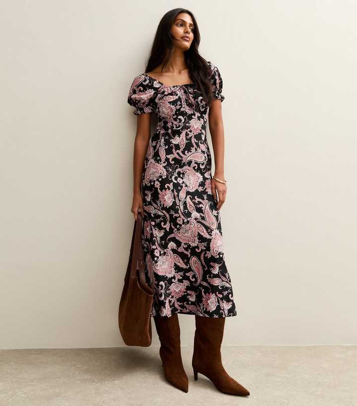 Black Paisley Print Milkmaid Midi Dress
