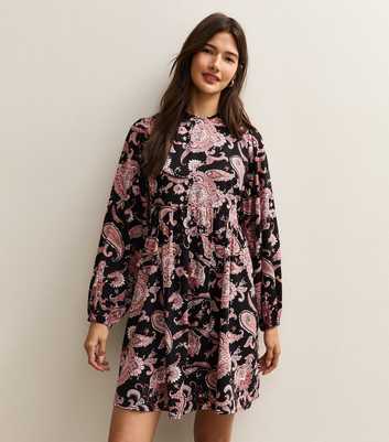 Black Paisley Long Sleeve Smock Mini Dress