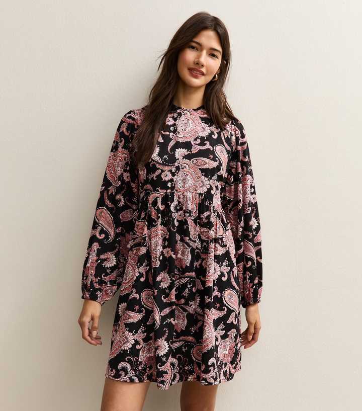 Black Paisley Long Sleeve Smock Mini Dress